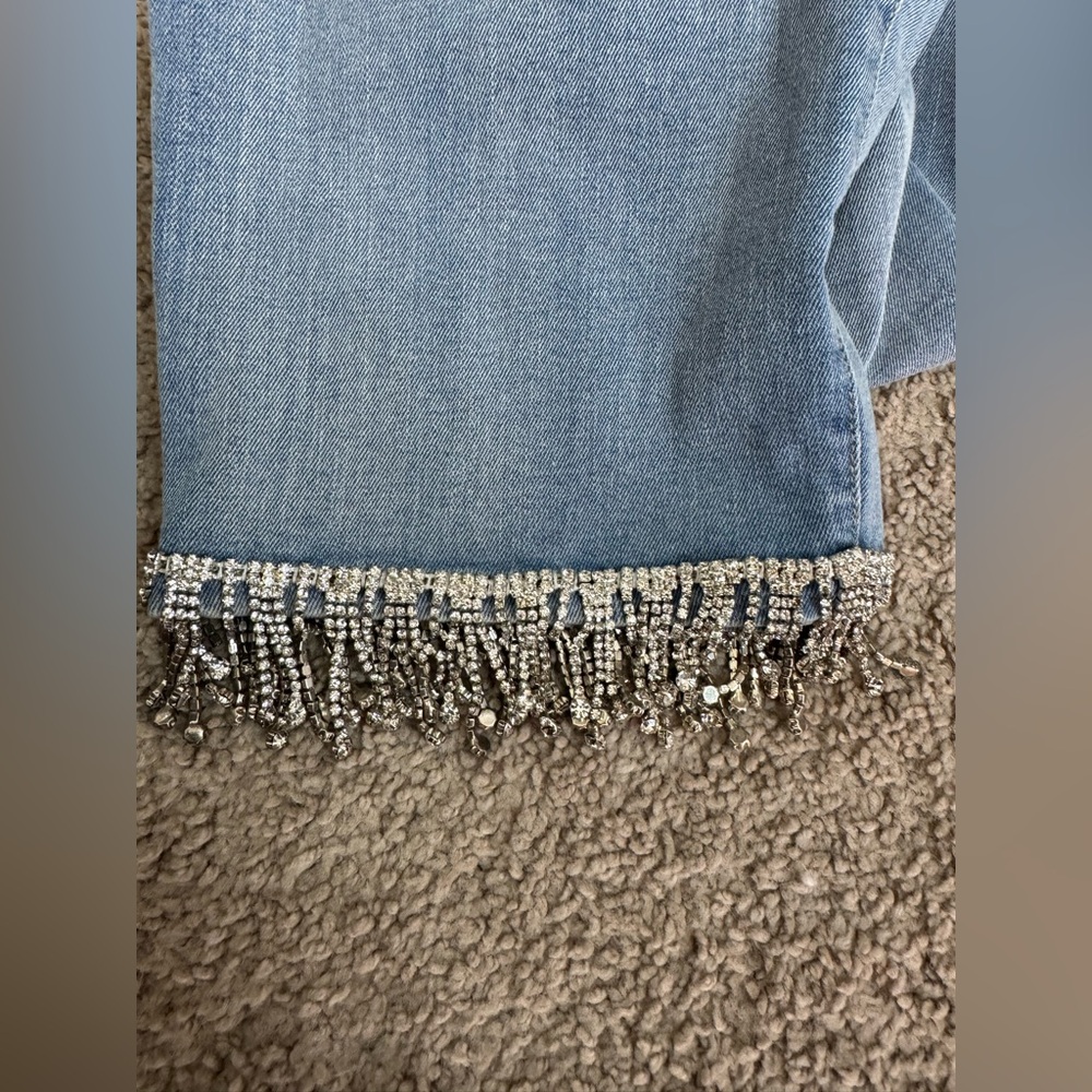Ashro 20W Light Wash Denim Jeans | Rhinestone Fringe Hem Plus Size Statement - Picture 7 of 7